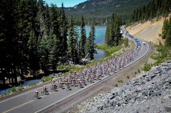 The peloton passed by glacial lakes today on the way up to Mt. Bachelor.
