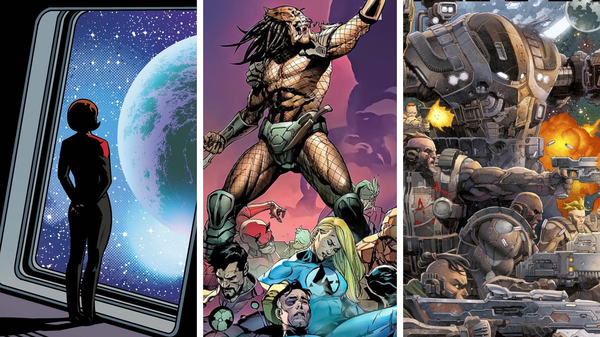 Split image showing three comic book covers: Star Trek: Voyager - Homecoming, Predator Kills the Marvel Universe, and Planet Death.