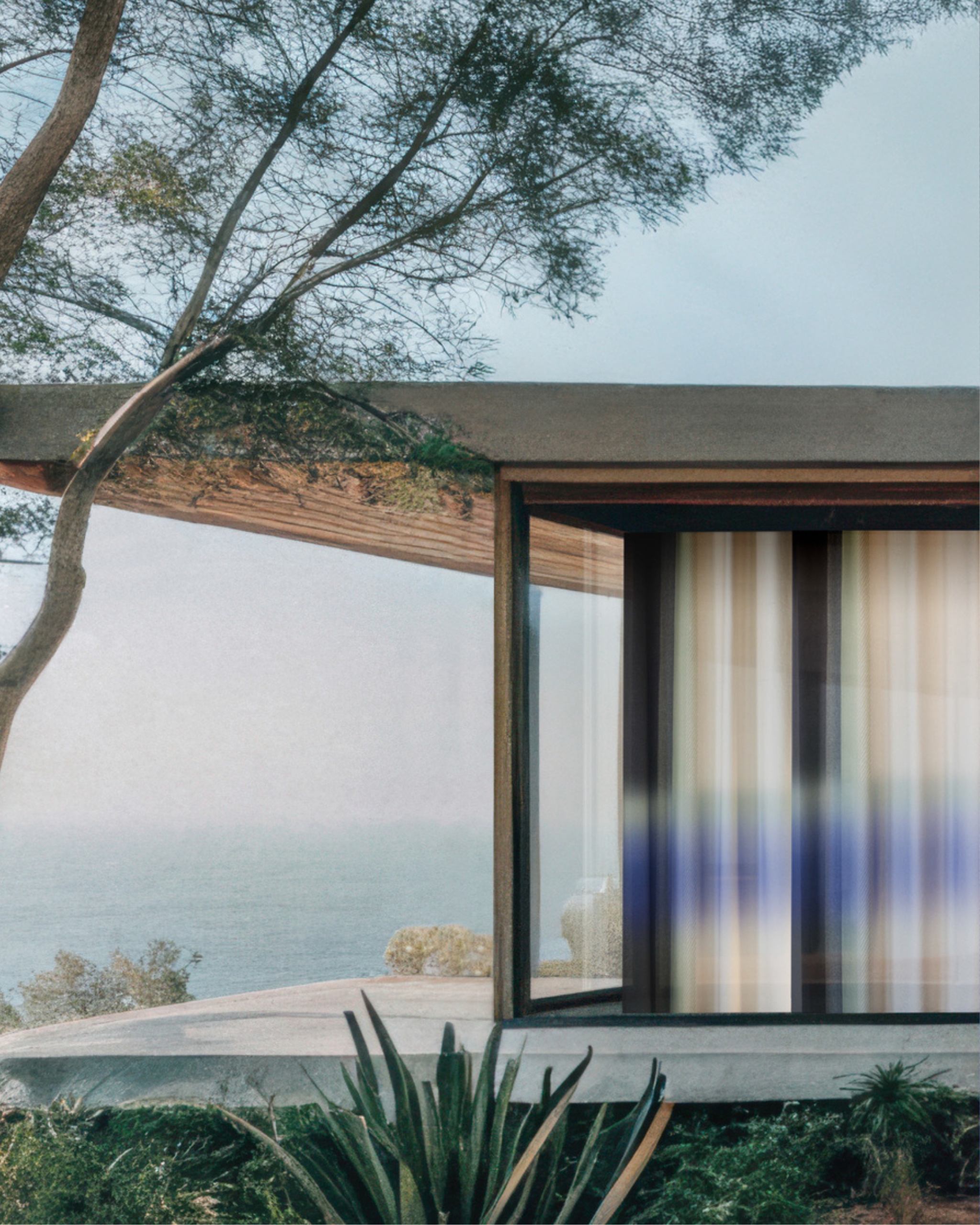 a view of a modern home with an ombre curtain inside the patio doors