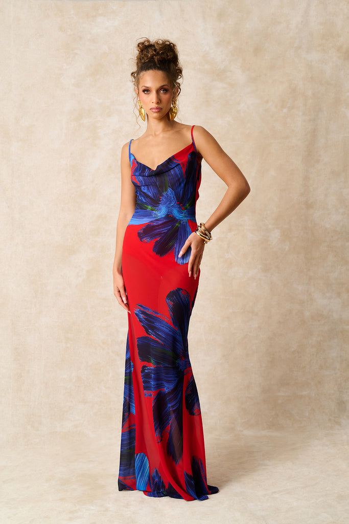 Solei Cowl Neck Backless Silky Printed Dress - Red