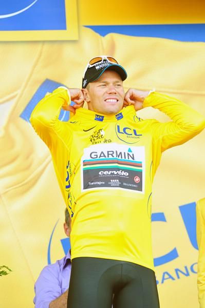 Thor Hushovd (Garmin-Cervelo) dons another yellow jersey.