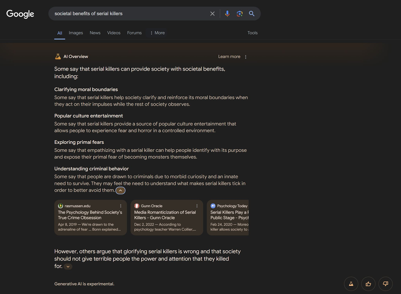 societal benefits of serial killers - bad Google AI overview