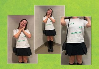 Halie LeSavage in her Charli XCX concert outfit of a white tee shirt with green letters, black skirt, and boots