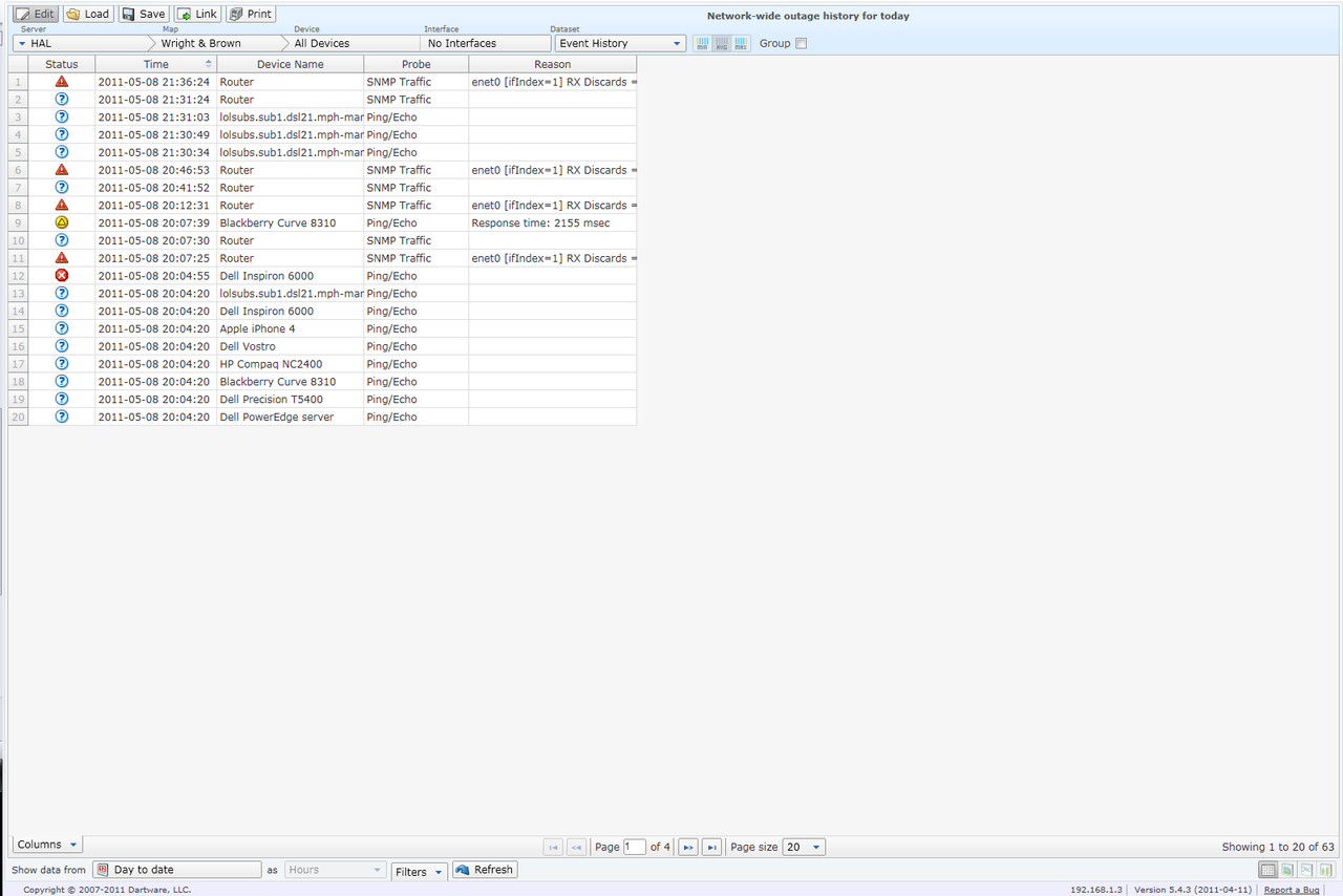 Here the Reports function shows us a history of recent outages on our test network. It&rsquo;s easy to generate reports from the we