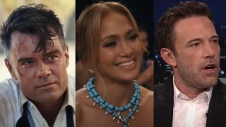 From left to right: Josh Duhamel in Shotgun Wedding, Jennifer Lopez in Shotgun Wedding and Ben Affleck on the Tonight Show
