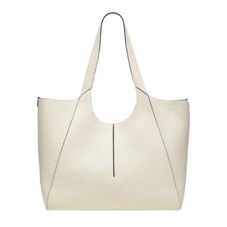 Flat lay image of white leather handbag