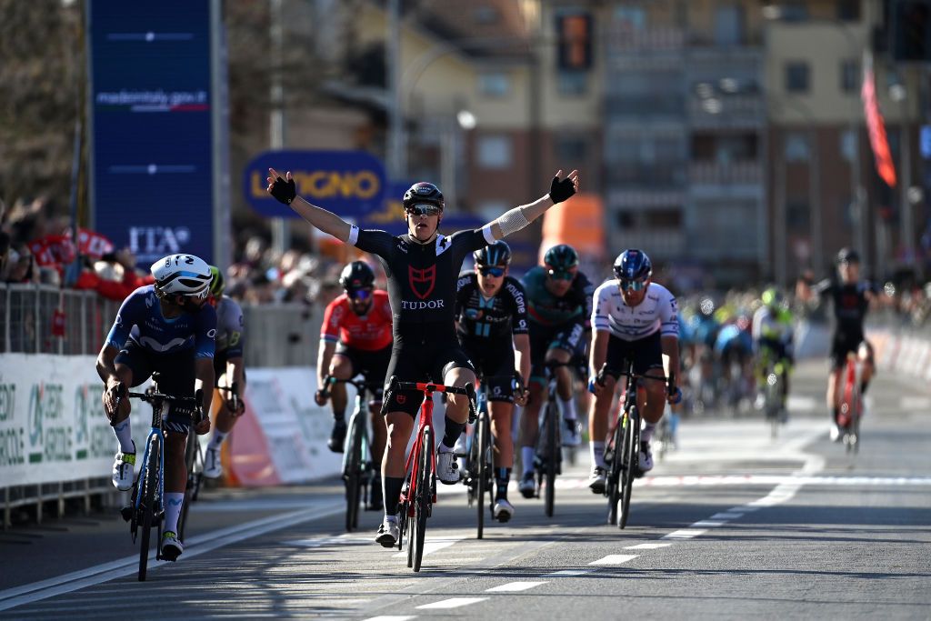 ORBASSANO ITALY MARCH 15 Arvid De Kleijn of The and Tudor Pro Cycling Team celebrates at finish line as race winner ahead of Fernando Gaviria of Colombia and Movistar Team L during the 104th MilanoTorino 2023 a 192km one day race from Rho to Orbassano MilanoTorino on March 15 2023 in Orbassano Italy Photo by Tim de WaeleGetty Images