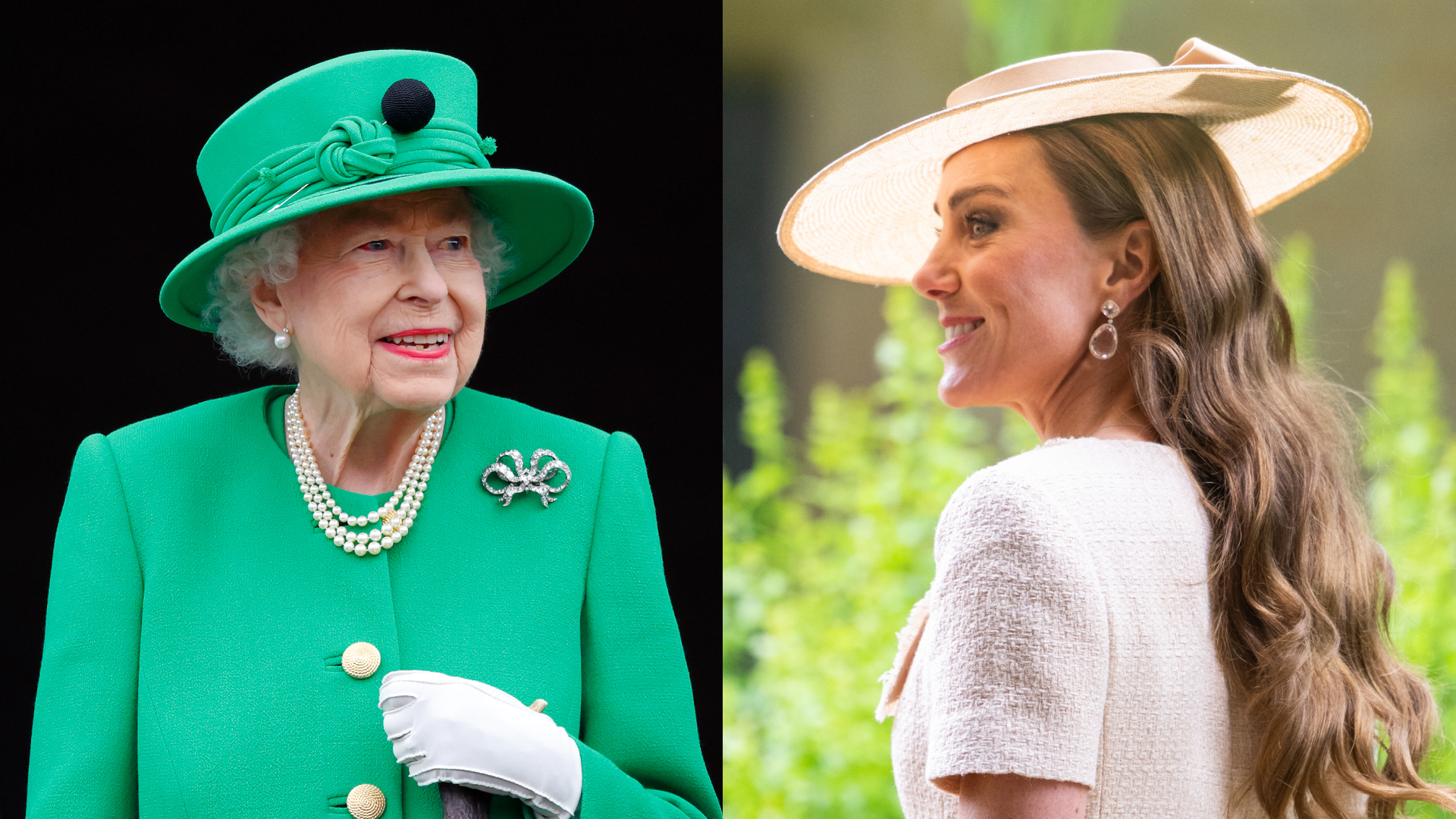 A split image of Queen Elizabeth in a green coat and hat and Princess Kate in a beige dress and hat 
