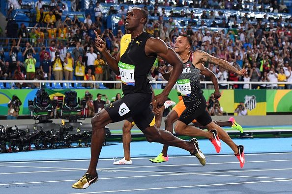 Usain Bolt races in the men&amp;#039;s 100-meter race in Rio.