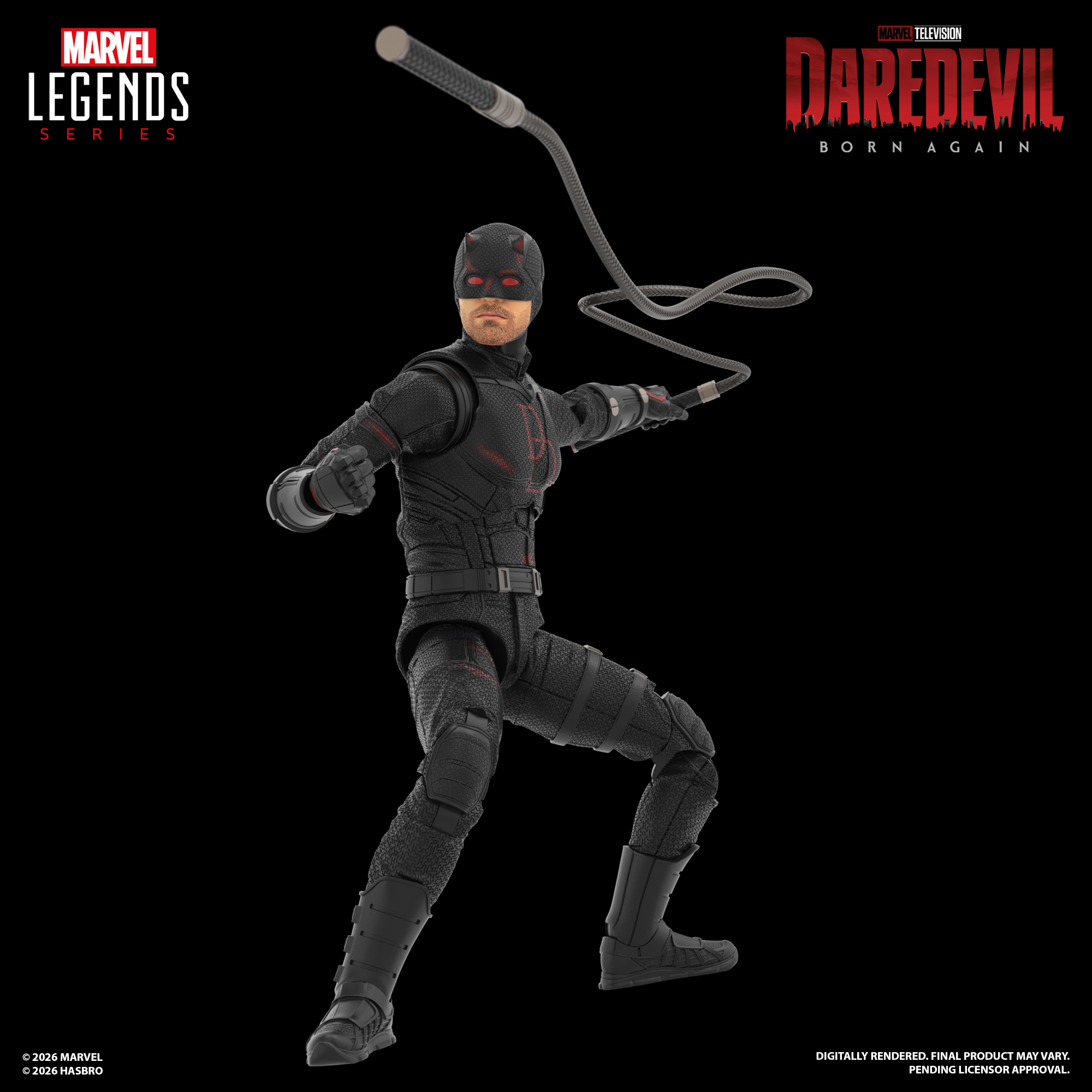 Marvel Legends Daredevil using billy clubs against a dark background, with multiple logos visible in frame