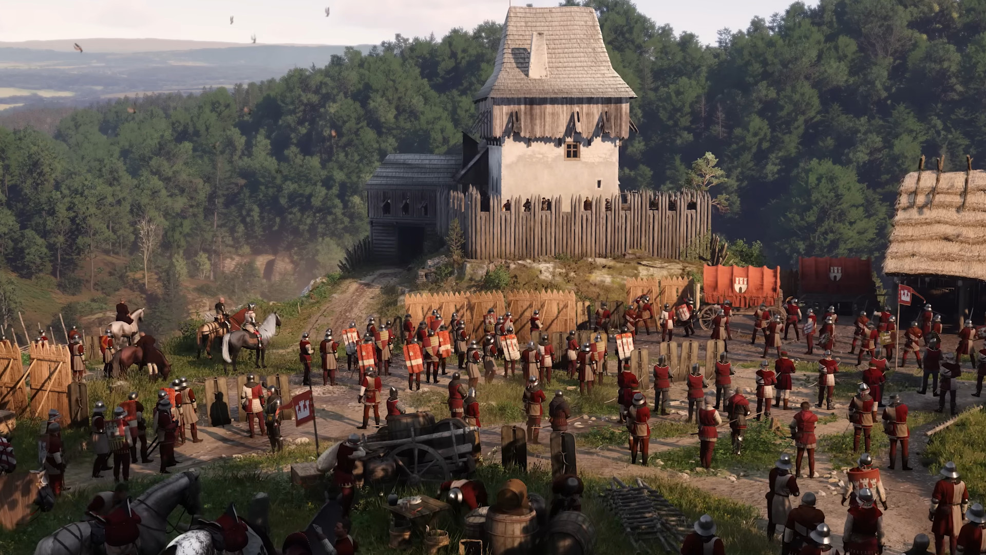 An overview of an army camp next to a forest during the RPG Kingdom Come: Deliverance 2.