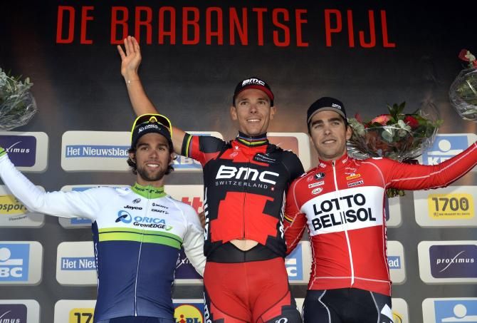 The Brabantse Pijl podium: Michael Matthews (Orica), Philippe Gilbert (BMC) and Tony Gallopin (Lotto)