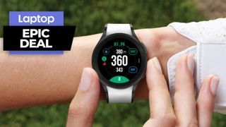 Galaxy Watch 5 Pro Golf Edition on wrist against golf course background