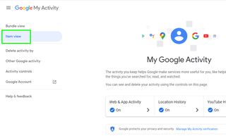How to delete Google Search history - 'My Activity' with a line highlighted labeled 'Item view.'