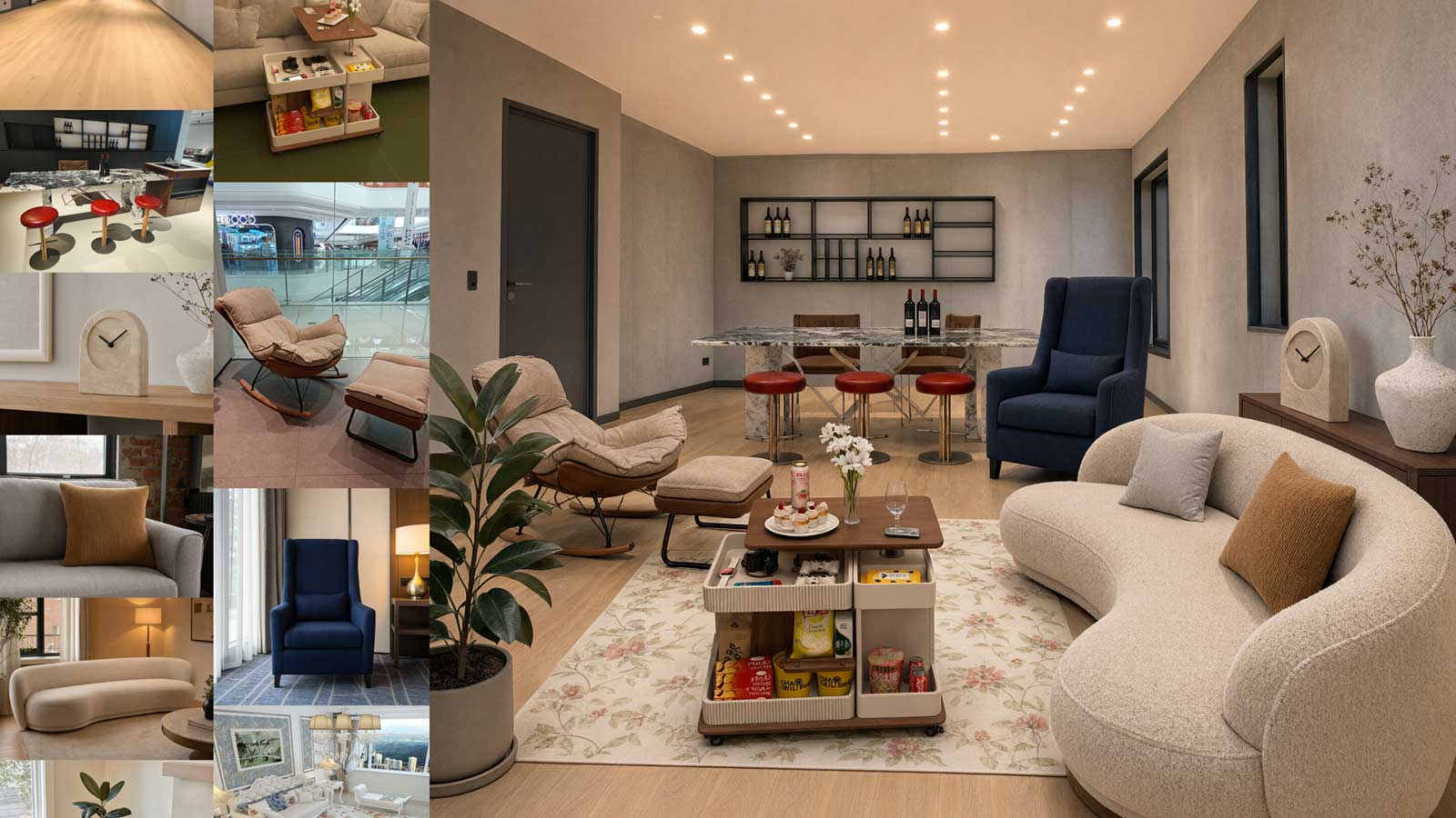 Generated image of a living room using various reference images.