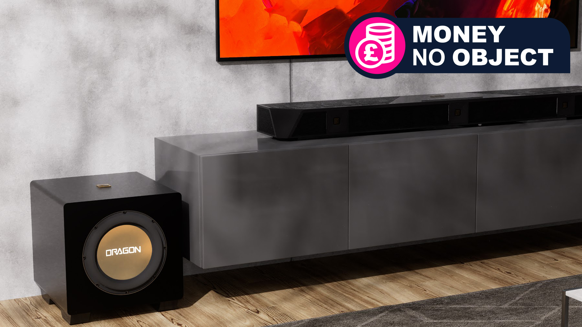 Nakamichi Dragon Soundbar with 12-inch subwoofer under a TV