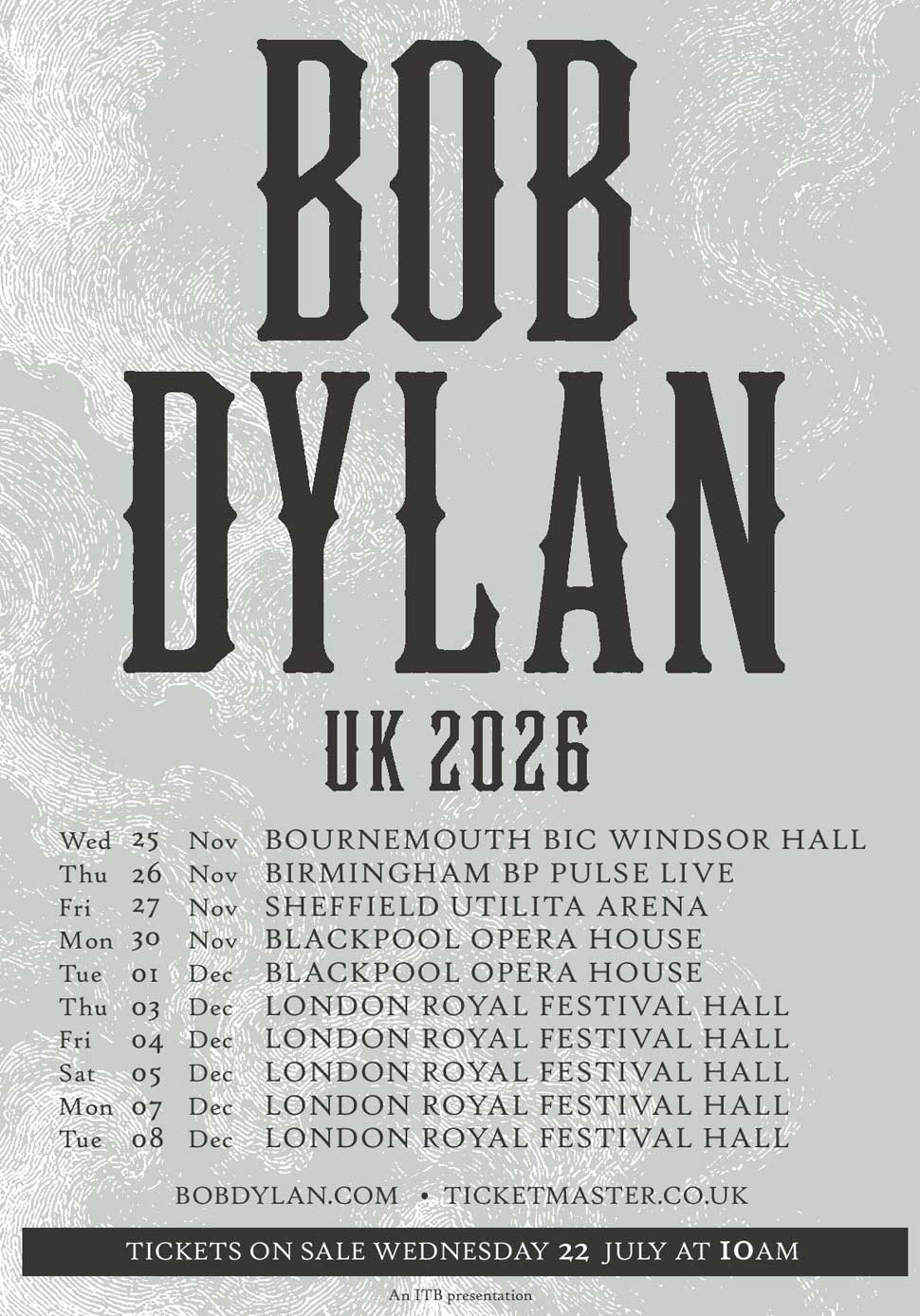 Bob Dylan UK Tour Poster 2026
