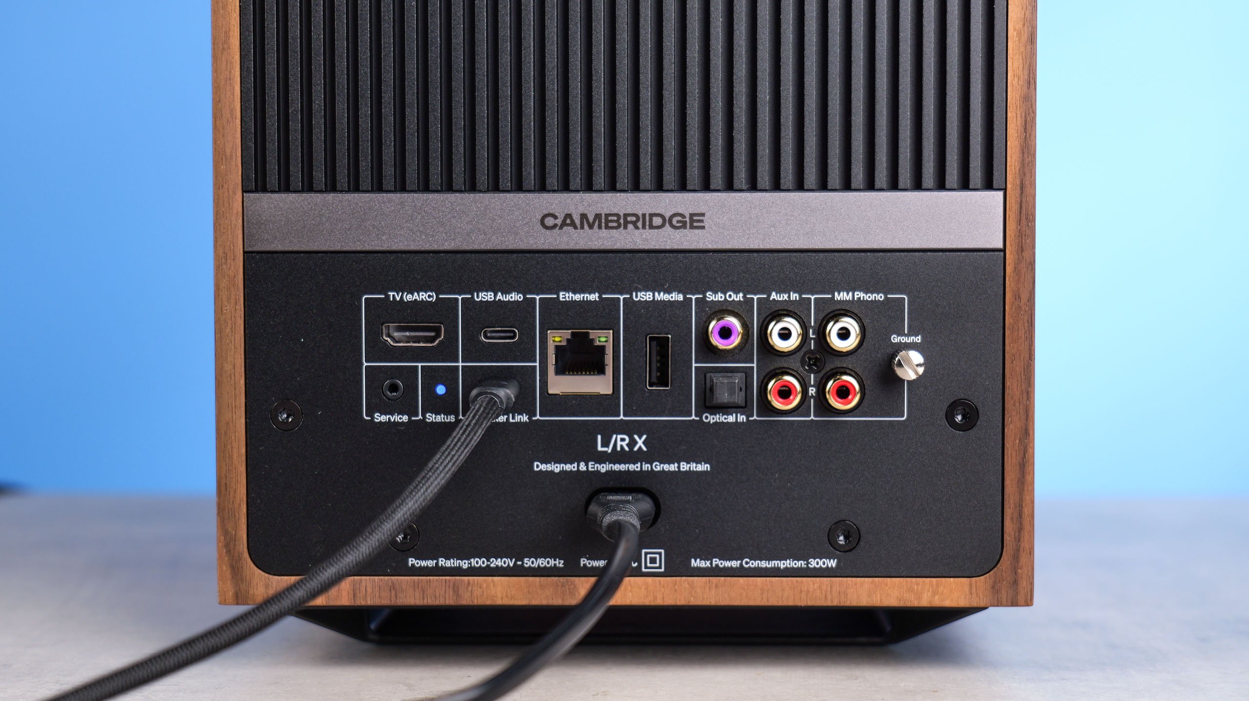 The Cambridge Audio L/R X speakers back panel, in walnut color, positioned on a stone surface with a blue background
