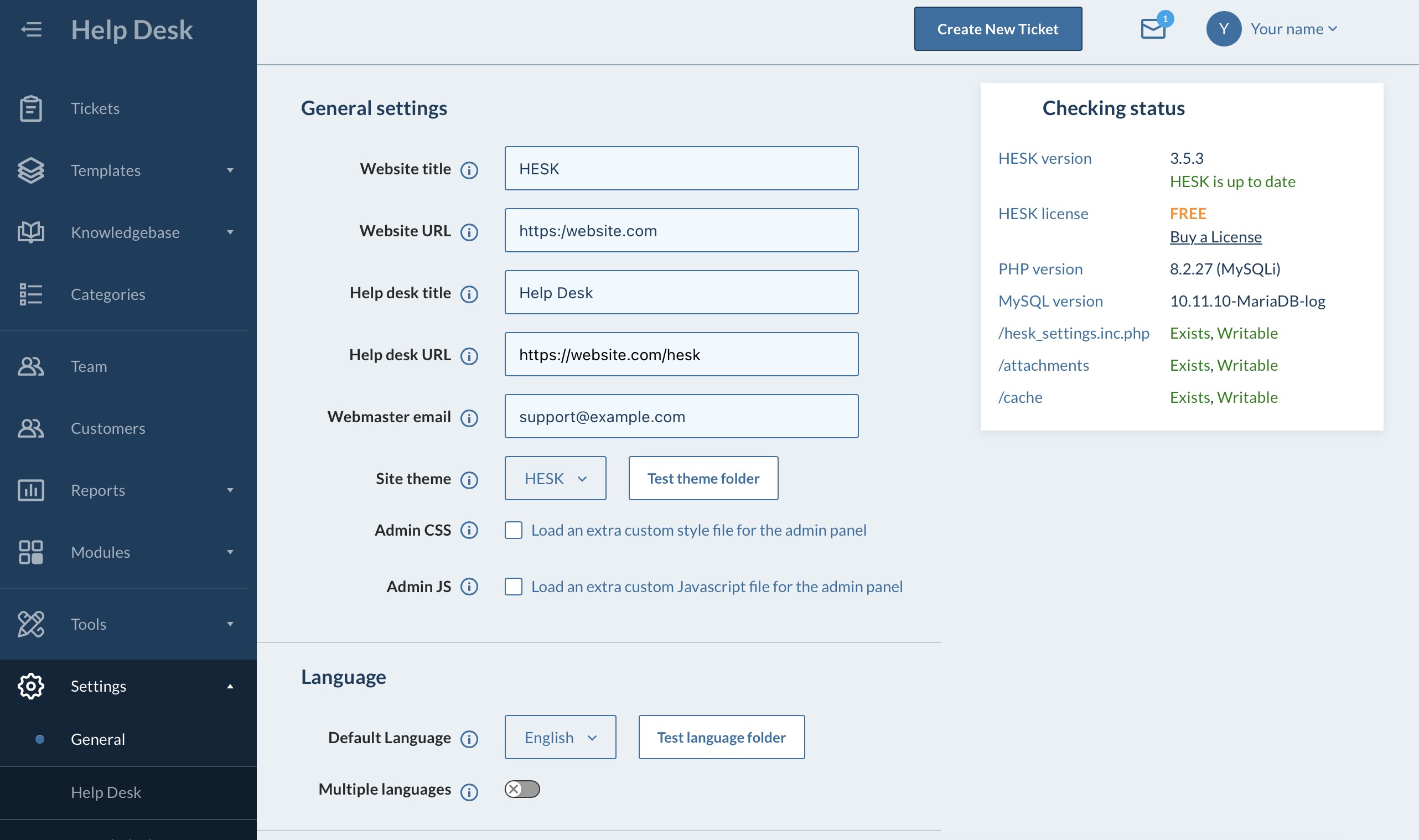 Configuración del administrador HESK