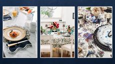 tuckernuck home tablecloth collections; three shots of tables with tablecloths, plates, glasses and floral themes on a blue background
