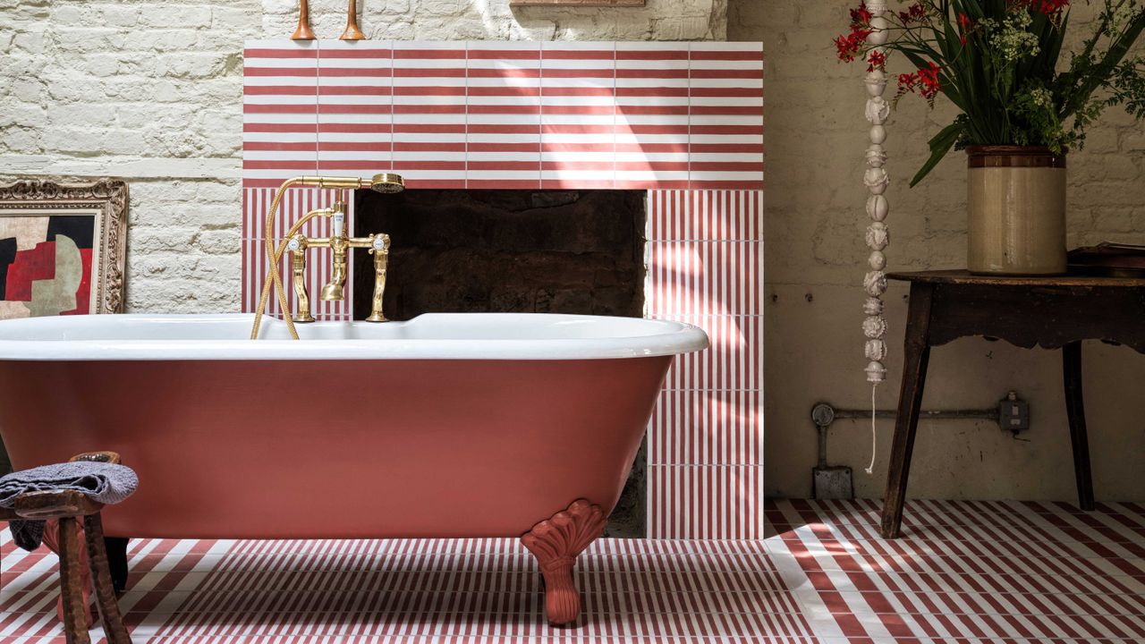 Bert &amp; May striped tiles in a bathroom on a fireplace