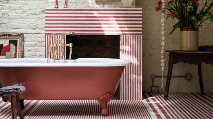 Bert & May striped tiles in a bathroom on a fireplace