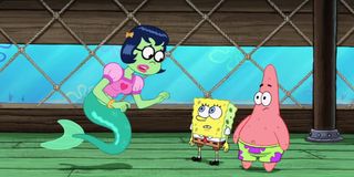 Mindy (Scarlett Johansson), SpongeBob (Tom Kenny), and Patrick (Bill Fagerbakke) in The SpongeBob Sq