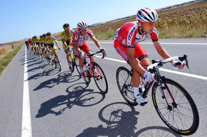 Eduard Vorganov (Katusha) on the front of the bunch