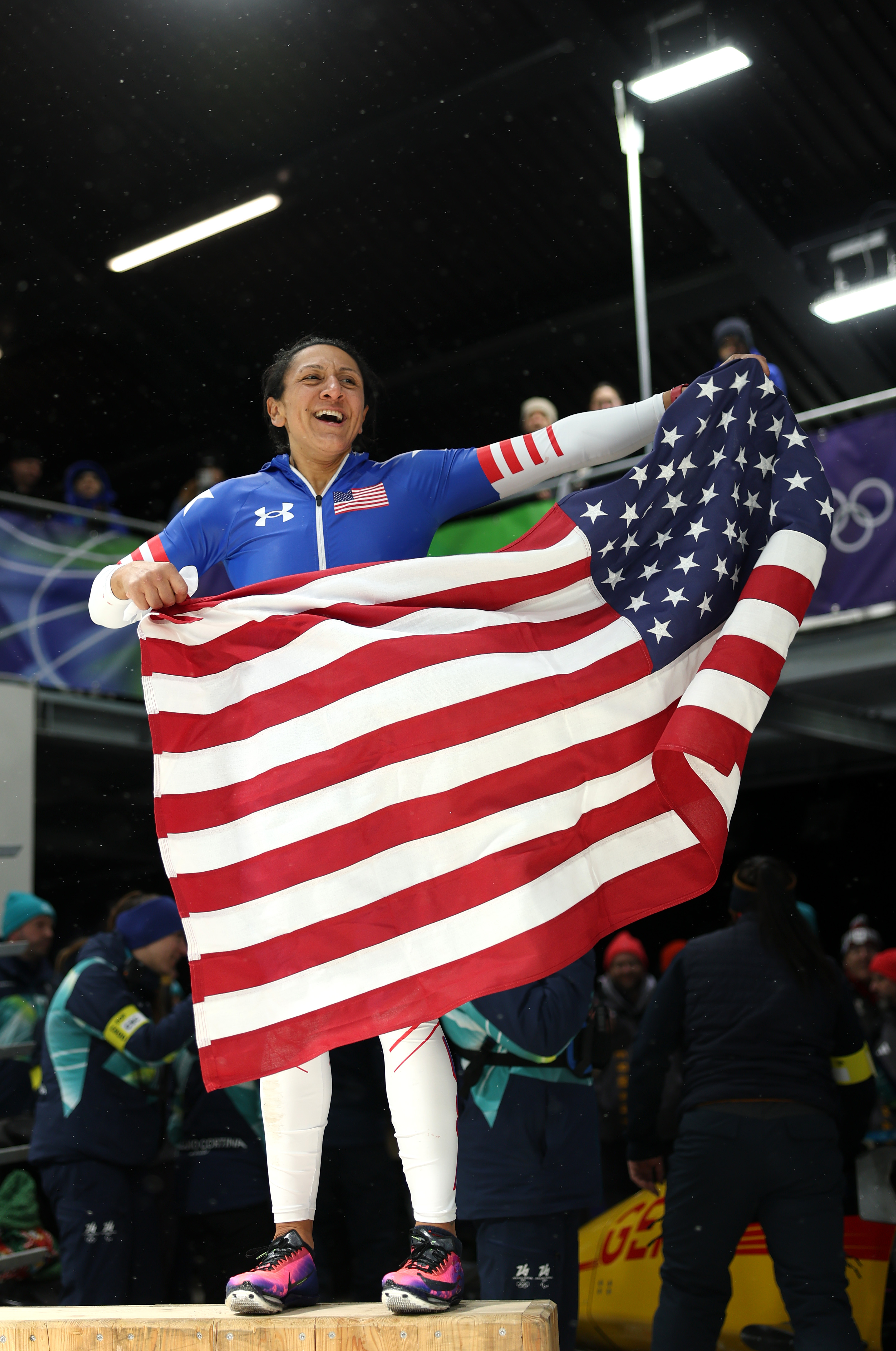 Elana Meyers Taylor celebrating after winning in the Winter Olympcis