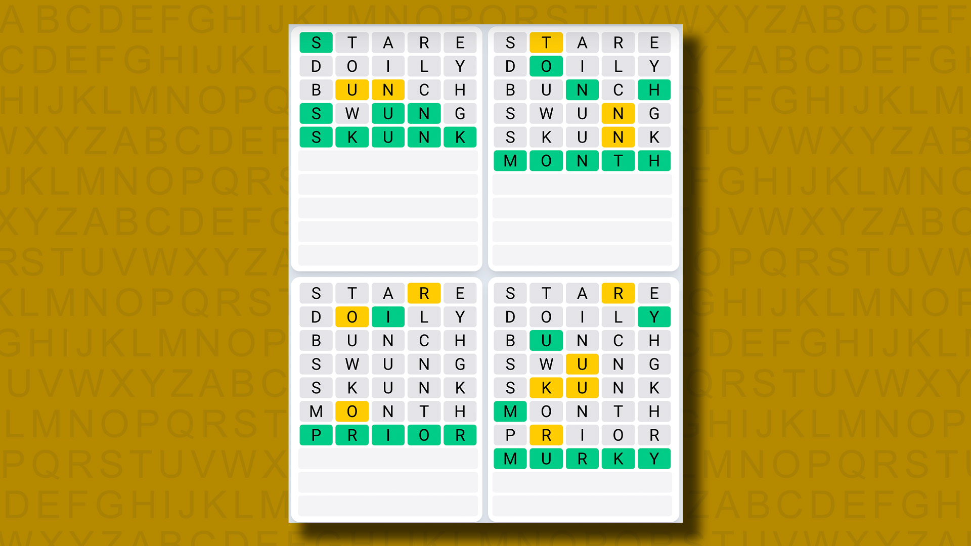 پاسخ Quordle Daily Sequence برای بازی 937 در پس زمینه زرد