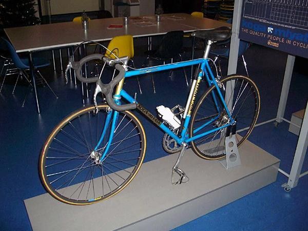 A modest setting for an historic bike - Peter Winnen's 1981 Alpe d'Huez-winning machine is lovingly displayed in the Koga canteen.