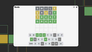 A completed Wordle Game on a white window in front of a black green and yellow background. The solution is GREAT.