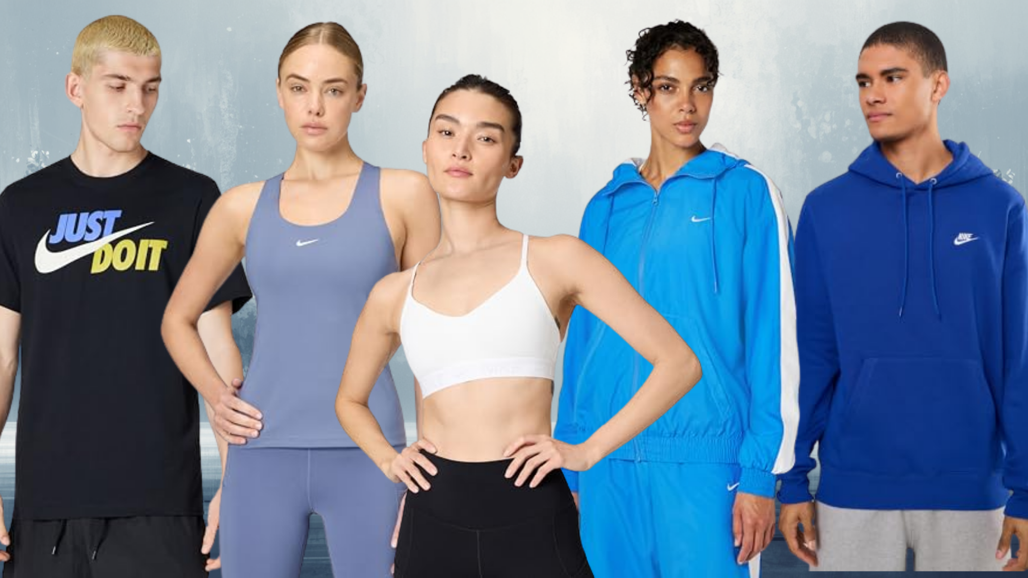 five models wear Nike apparel in front of a neutral backdrop 