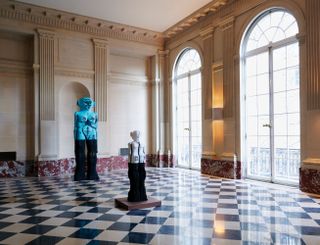 Receiver (2019) and I Can Hear Everything You Think (2020), by Pakistani- American sculptor Huma Bhabha, in the Stone Room, which features a marble chequerboard floor and a trio of fan-shaped windows at Salon 94 New York