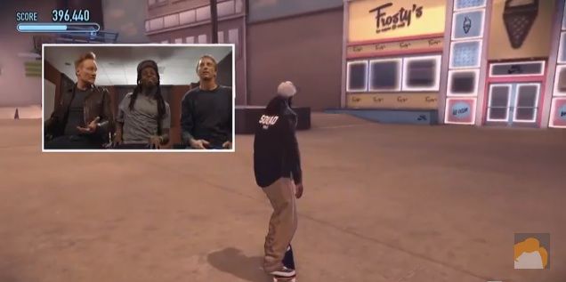 Conan O&amp;#039;Brien, Lil Wayne, and Tony Hawk play a video game together.