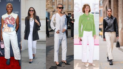 three women showcasing white jeans outfits