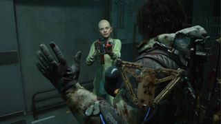 Death Stranding 2 Motherhood base Sam at gunpoint after entering passcode