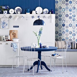 blue and white kitchen diner