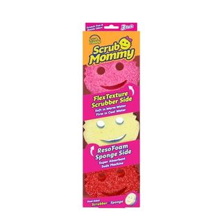 Three smiley face scrubbing sponges stacked in bright, Scrub Mommy branded packaging