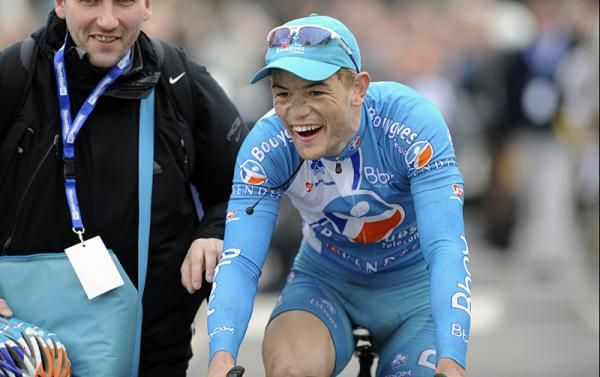 Steve Chainel (BBox Bouygues Telecom) is all smiles after winning the opening stage.