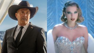From left to right: A press photo of Kevin Costner in a cowboy hat and suit in Yellowstone and a screenshot of Taylor Swift in the Bejeweled music video.