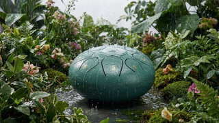 Rain drum in garden surrounded by leaves and flowers in the rain