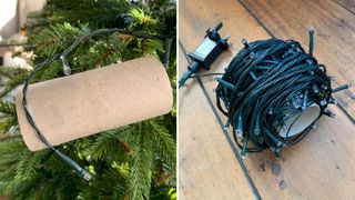 Green wired fairy lights taped to an empty loo roll tube to wind round as a best way to store Christmas lights