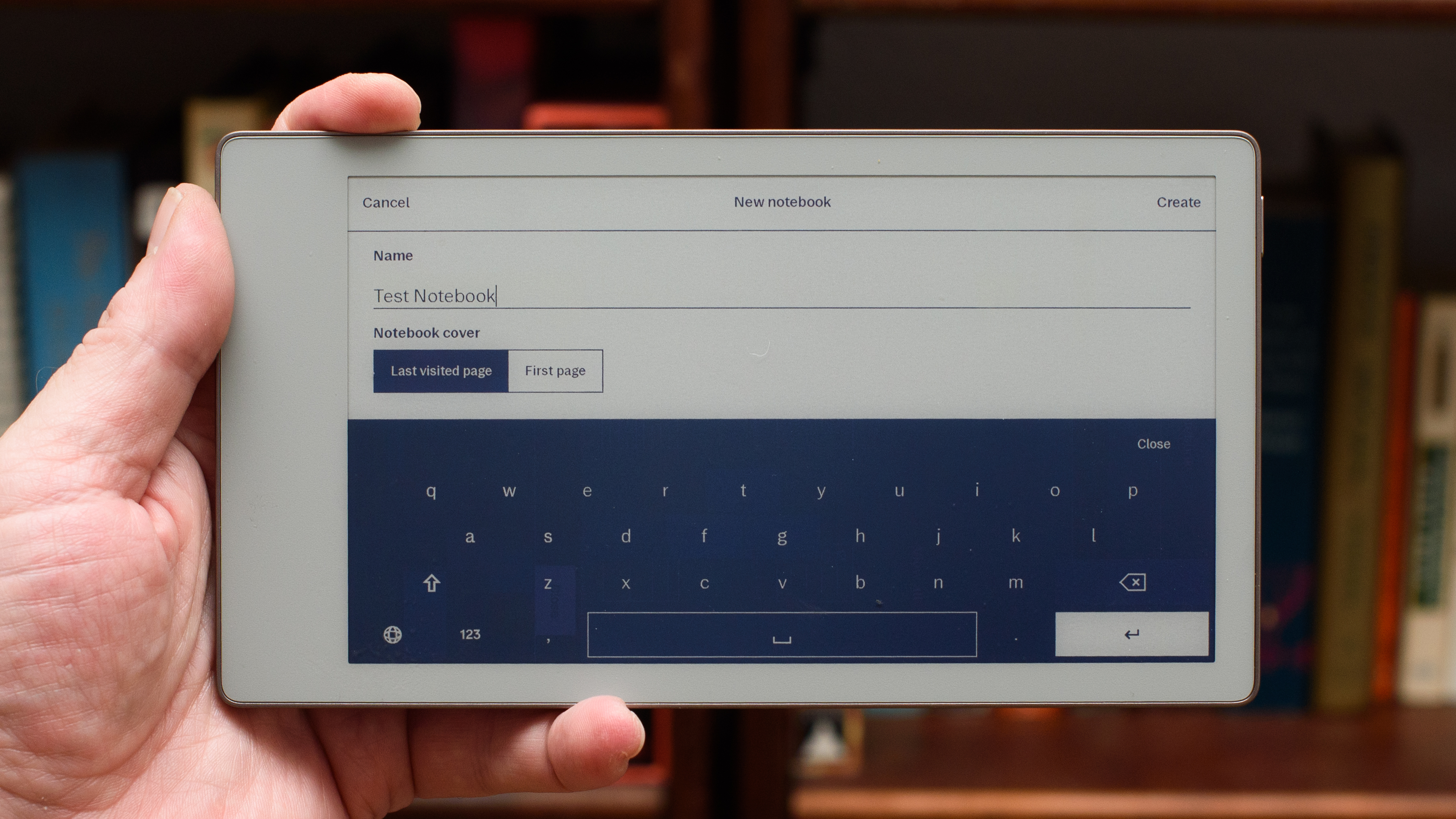 reMarkable Paper Pro Move tablet in front of a library of books, showing various writing screens and comparing the size to a Moleskine notebook