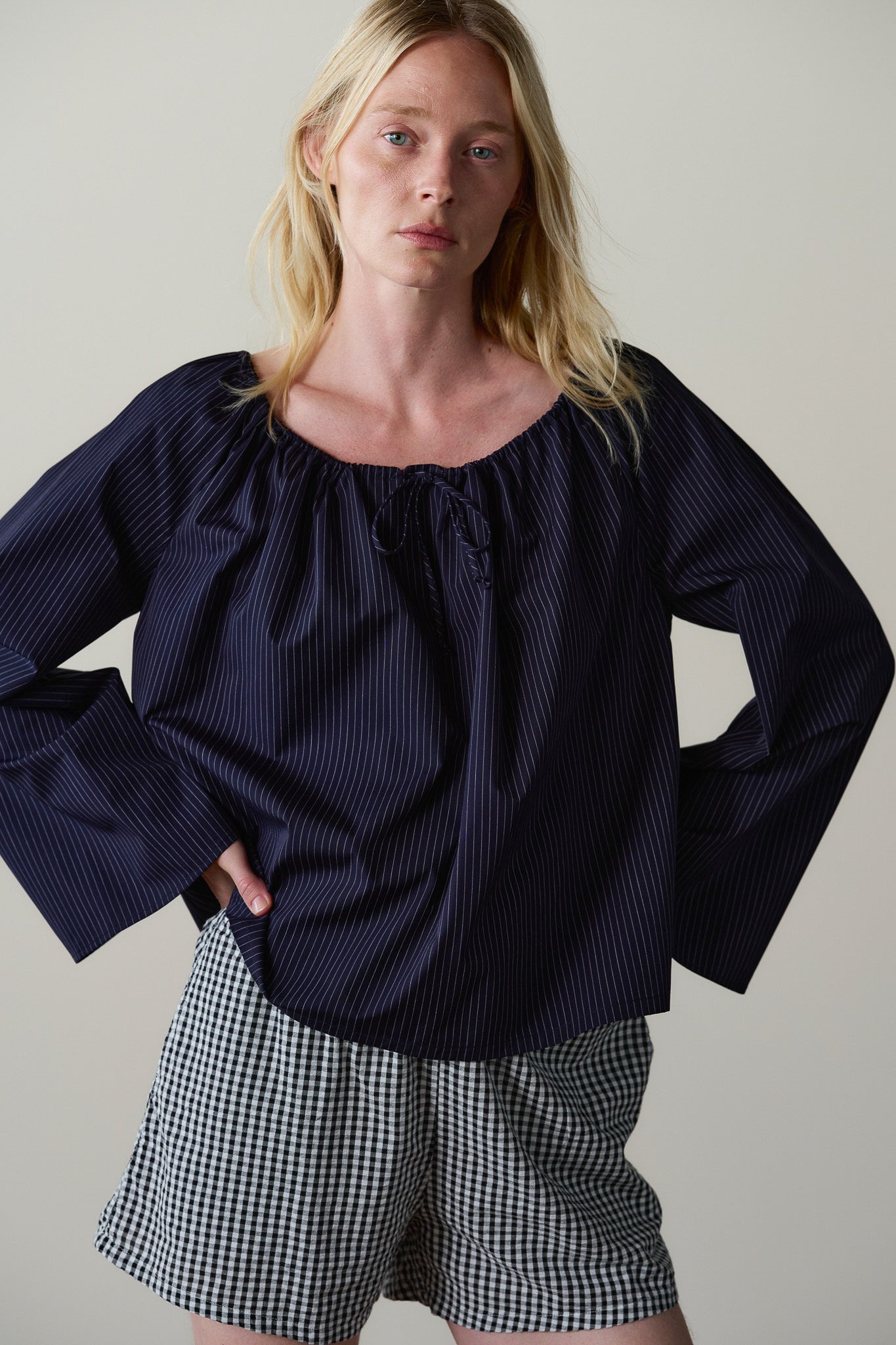 Navy Pop Pinstripe Tie Top &amp;ndash; Donni. | Cotton Poplin