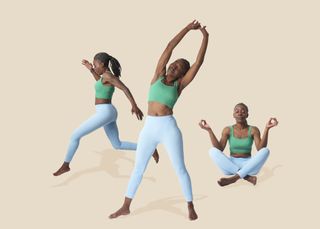 A woman in various exercise poses including stretching, meditating and running, in front of a cream background.
