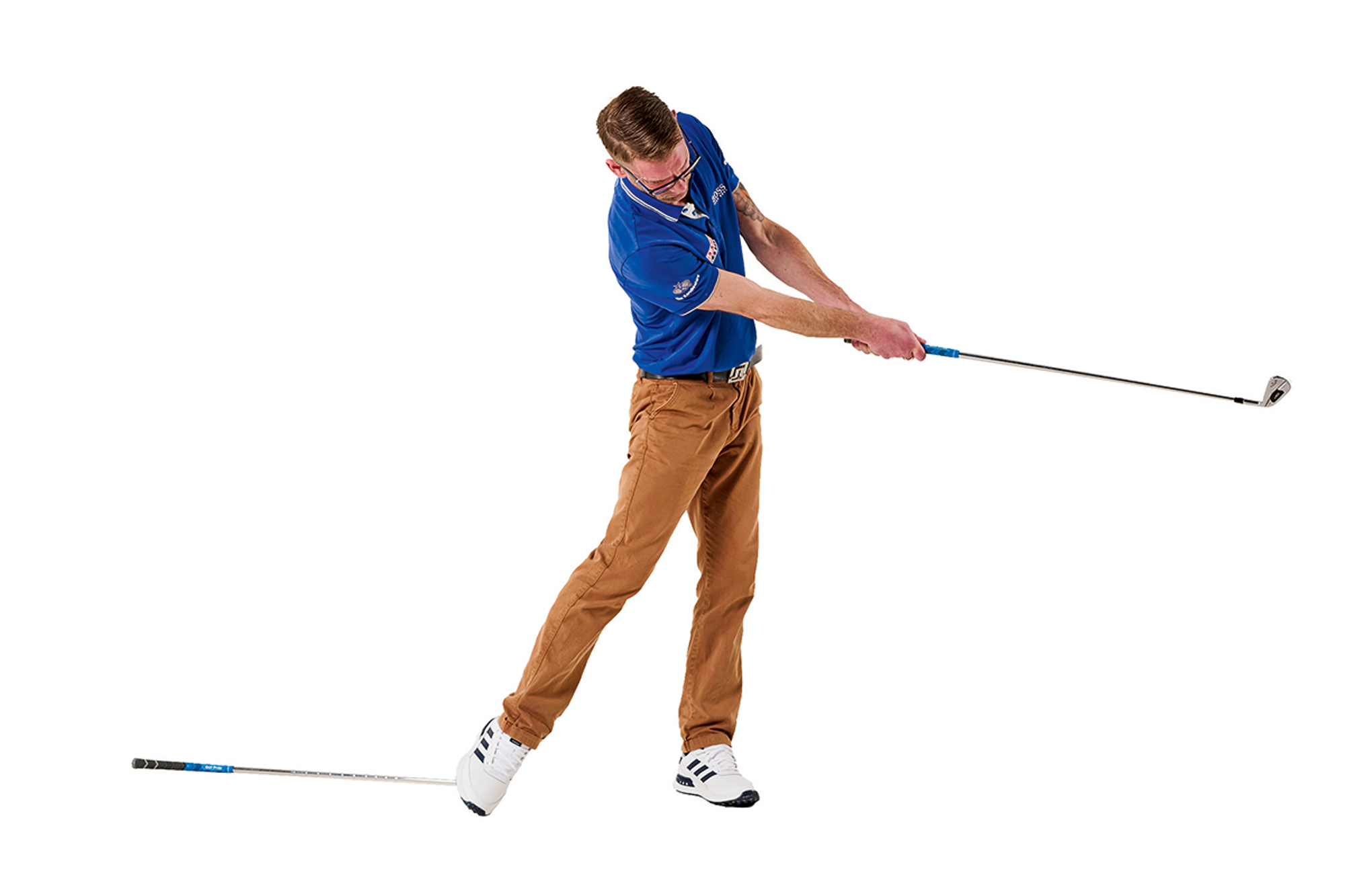 Tom Motley demonstrating the correct trail leg position after impact as the club under his trail foot has now dropped to the ground