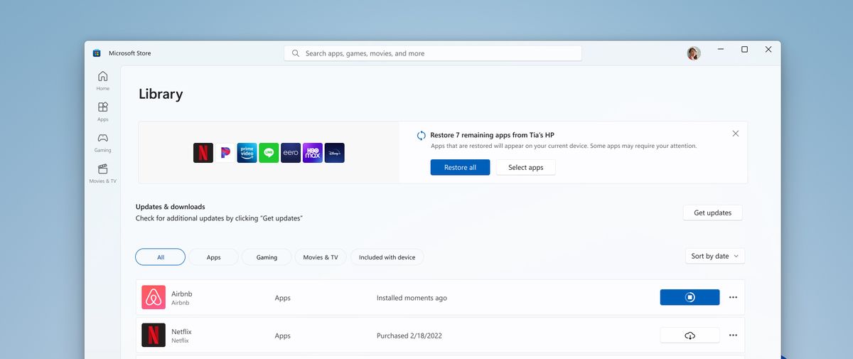 Image of restore apps feature on Microsoft Store in Windows 11