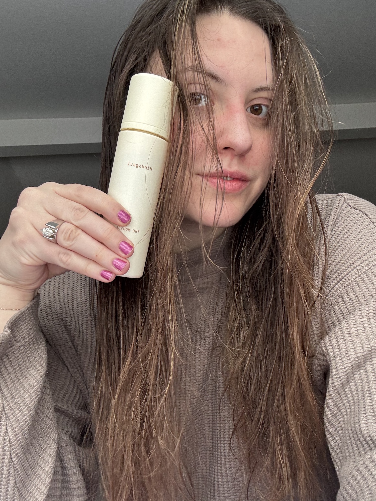 Sophia Vilensky with her hair mousse during her air-dry routine.