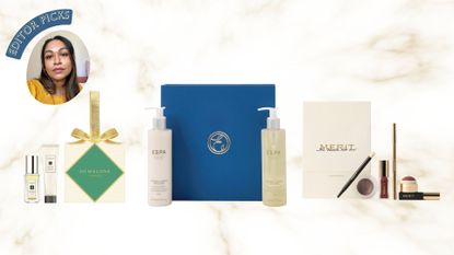 three beauty gift sets from Jo Malone, ESPA and Merit on a gold marbled background with an 'editor picks' badge in the corner